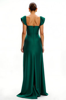 Dark Green Cap Sleeves V-Neck Long Holiday Party Dress with Slit