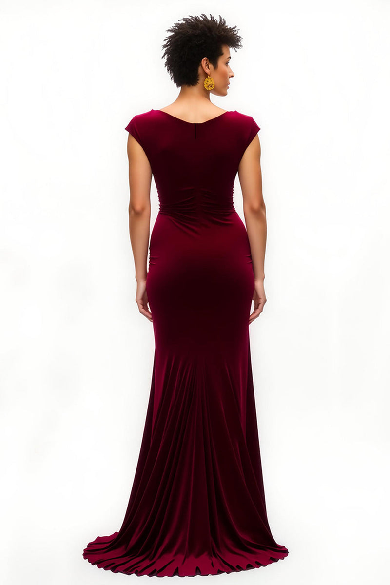 Load image into Gallery viewer, Burgundy Cap Sleeves Boat Neck Long Holiday Party Dress with Slit