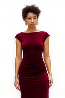 Load image into Gallery viewer, Burgundy Cap Sleeves Boat Neck Long Holiday Party Dress with Slit