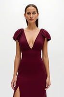 Load image into Gallery viewer, Burgundy V-Neck Sheath Long Holiday Party Dress with Slit