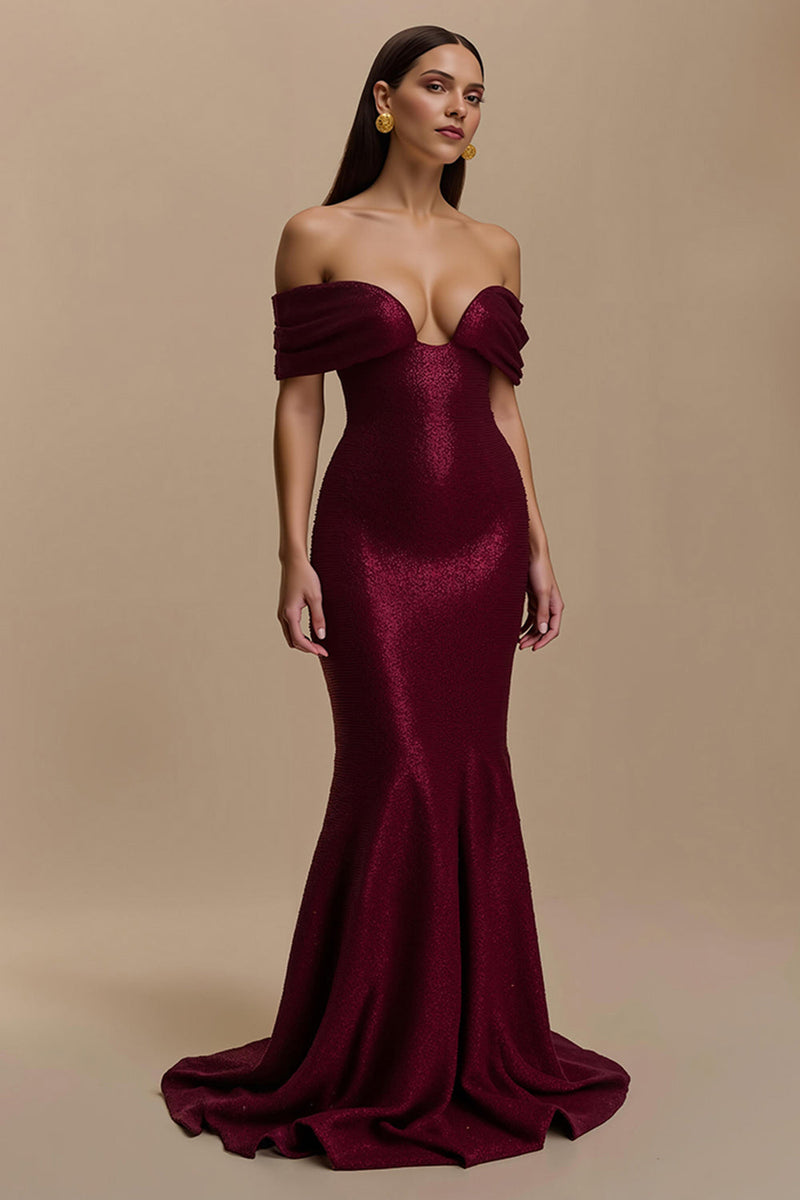 Load image into Gallery viewer, Burgundy Off the Shoulder Mermaid Long Holiday Party Dress