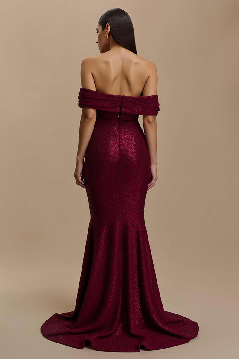 Load image into Gallery viewer, Burgundy Off the Shoulder Mermaid Long Holiday Party Dress