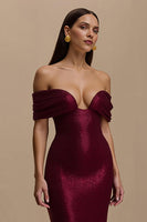 Load image into Gallery viewer, Burgundy Off the Shoulder Mermaid Long Holiday Party Dress