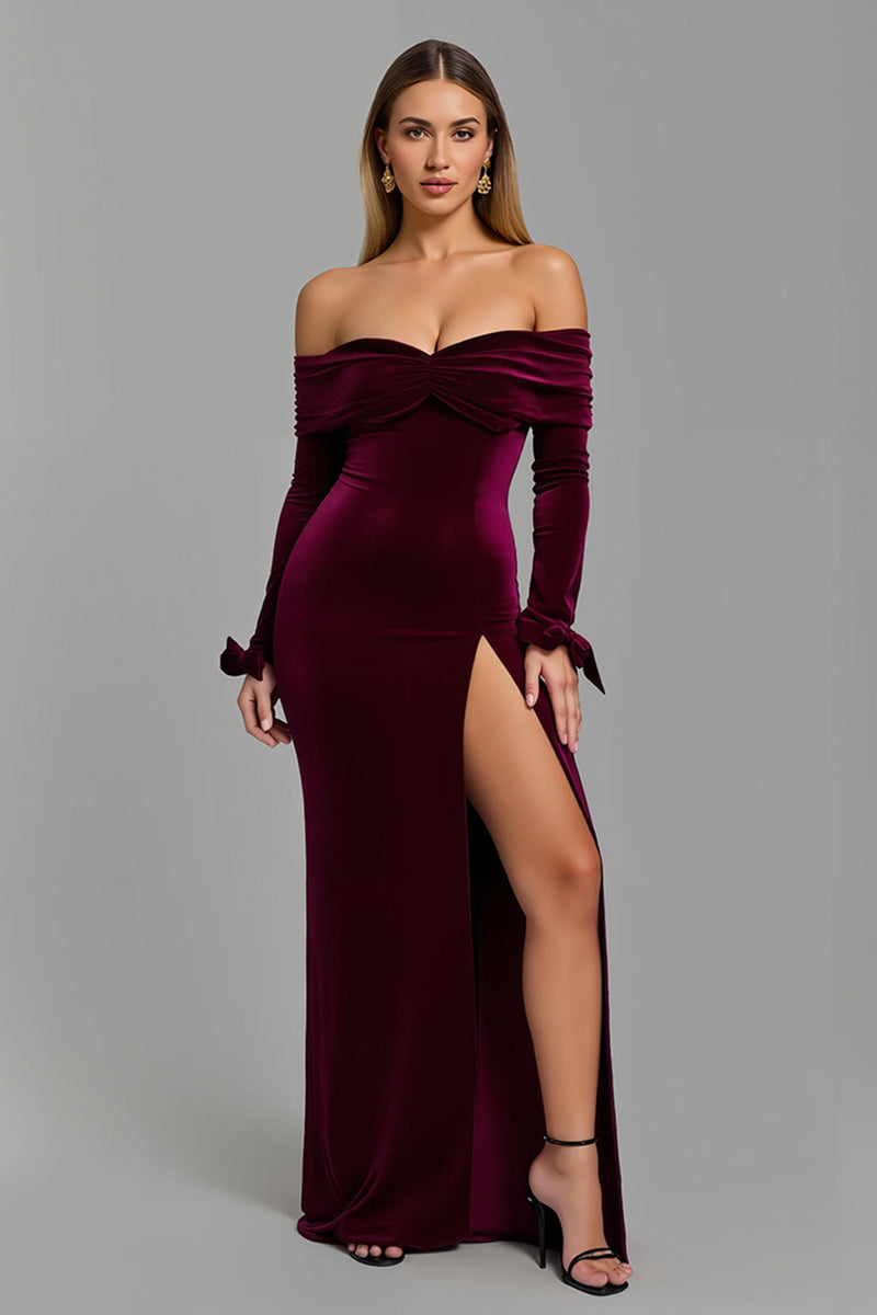 Load image into Gallery viewer, Burgundy Long Sleeves Off the Shoulder Holiday Party Dress with Slit