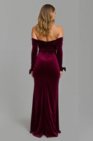 Load image into Gallery viewer, Burgundy Long Sleeves Off the Shoulder Holiday Party Dress with Slit