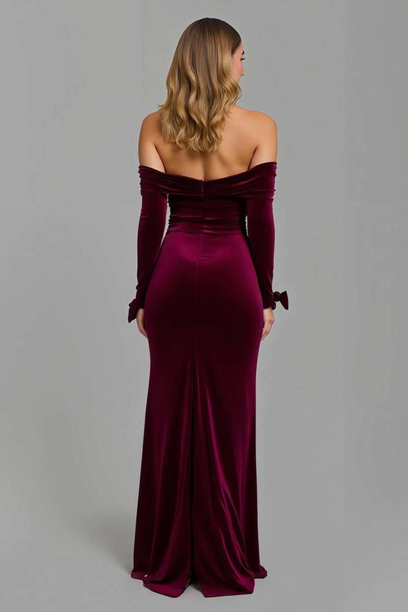 Load image into Gallery viewer, Burgundy Long Sleeves Off the Shoulder Holiday Party Dress with Slit