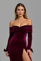 Load image into Gallery viewer, Burgundy Long Sleeves Off the Shoulder Holiday Party Dress with Slit