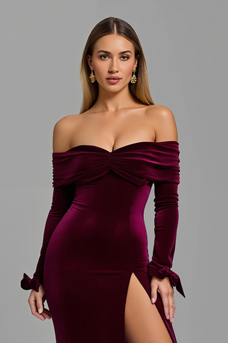 Load image into Gallery viewer, Burgundy Long Sleeves Off the Shoulder Holiday Party Dress with Slit