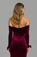 Load image into Gallery viewer, Burgundy Long Sleeves Off the Shoulder Holiday Party Dress with Slit