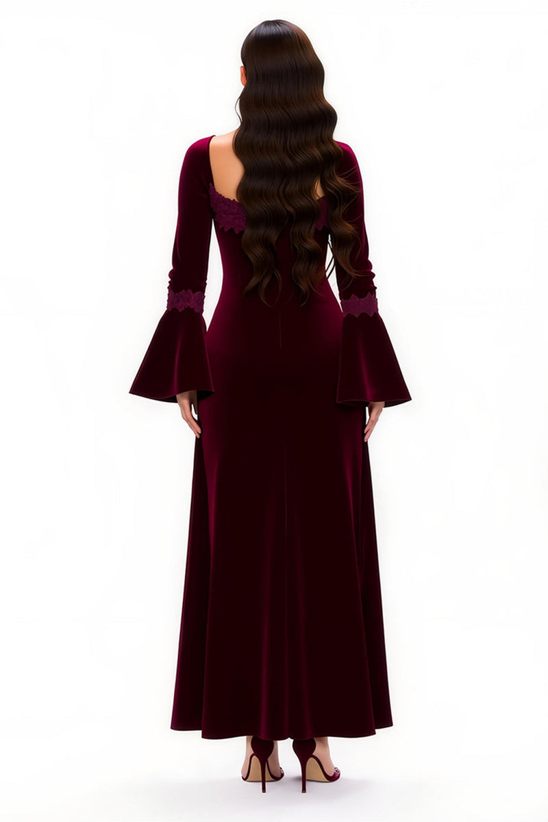 Load image into Gallery viewer, Burgundy Scoop Neck Sheath Long Holiday Party Dress with Sleeves