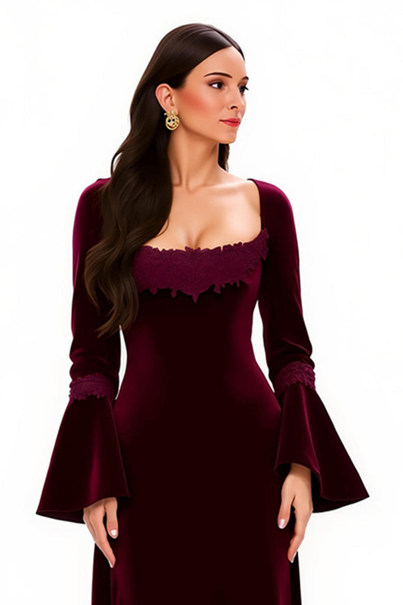 Load image into Gallery viewer, Burgundy Scoop Neck Sheath Long Holiday Party Dress with Sleeves