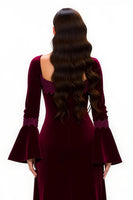 Load image into Gallery viewer, Burgundy Scoop Neck Sheath Long Holiday Party Dress with Sleeves