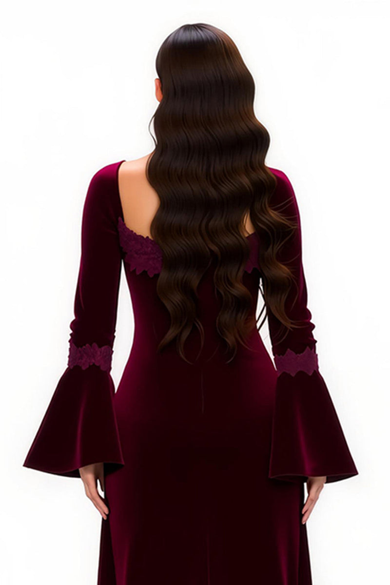 Load image into Gallery viewer, Burgundy Scoop Neck Sheath Long Holiday Party Dress with Sleeves