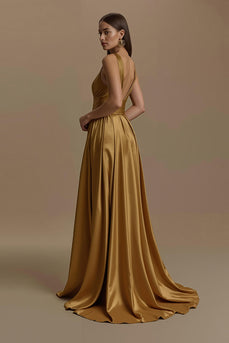 Simple Golden Backless V-Neck Long Holiday Party Dress