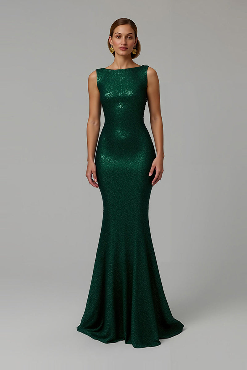Load image into Gallery viewer, Sparkly Dark Green Mermaid Bateau Neck Long Holiday Party Dress