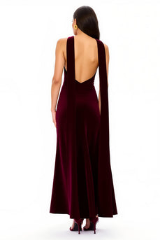 Simple Burgundy V-Neck Backless Long Holiday Party Dress