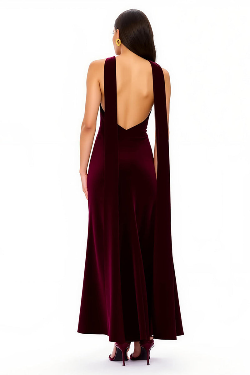 Load image into Gallery viewer, Simple Burgundy V-Neck Backless Long Holiday Party Dress