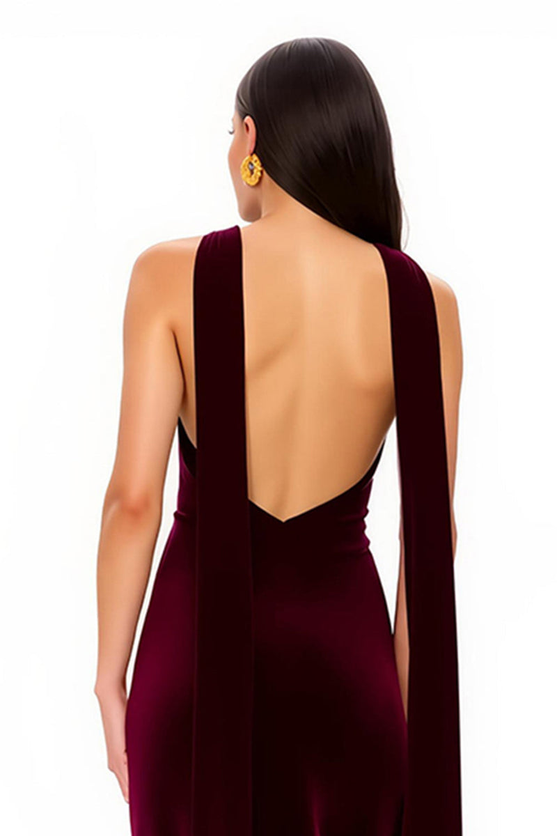 Load image into Gallery viewer, Simple Burgundy V-Neck Backless Long Holiday Party Dress