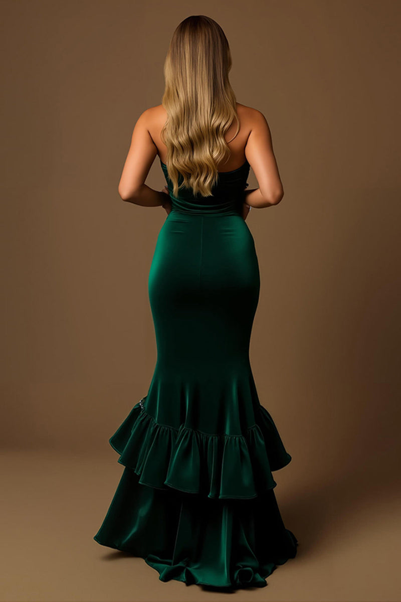 Load image into Gallery viewer, Dark Green Mermaid Strapless Tiered Long Holiday Party Dress