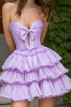 Lilac A-Line Sweetheart Tiered Short Corset Prom Dress