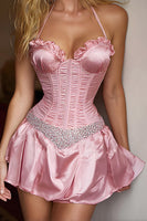 Load image into Gallery viewer, Pink Satin A-Line Short Corset Prom Dress with Beading