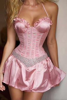 Pink Satin A-Line Short Corset Prom Dress with Beading