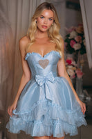 Load image into Gallery viewer, Blue Satin Tiered A-Line Short Corset Prom Dress