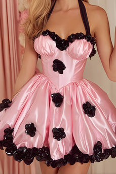 Pink A-Line Satin Short Corset Prom Dress with 3D Flowers