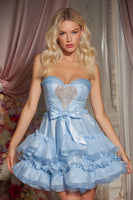 Load image into Gallery viewer, Sparkly Blue Sweetheart Ruffled Satin Short Tiered Prom Dress with Bow