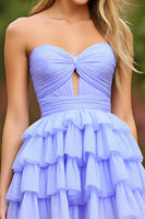 Load image into Gallery viewer, Lilac Tiered Keyhole Strapless Short Prom Dress with Ruffles