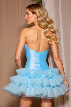 Sparkly Blue Tiered Short Corset Prom Dress with Beading