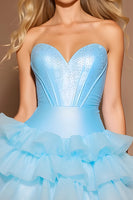 Load image into Gallery viewer, Sparkly Blue Tiered Short Corset Prom Dress with Beading