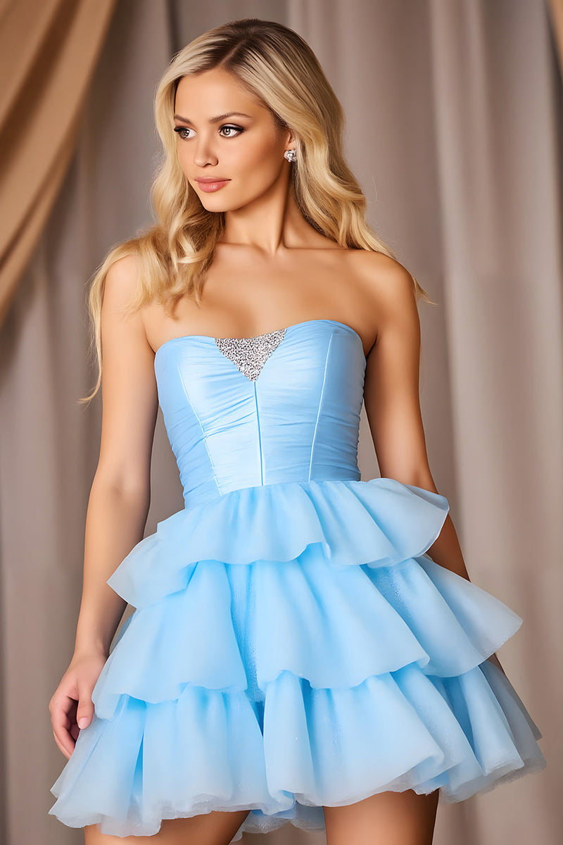 Load image into Gallery viewer, Sparkly Blue Tiered Strapless Short Prom Dress with Bow