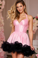 Load image into Gallery viewer, Pink Satin Halter Short Corset Prom Dress with Ruffles