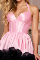 Load image into Gallery viewer, Pink Satin Halter Short Corset Prom Dress with Ruffles