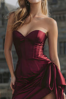 Load image into Gallery viewer, Burgundy Strapless Satin Short Corset Prom Dress with Side Cape