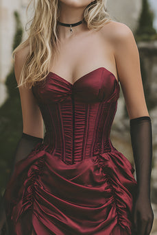 Burgundy Strapless Satin Short Corset Prom Dress with Ruffles