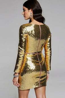 Sparkly Golden V-Neck Sequin Short Prom Dress with Sleeves