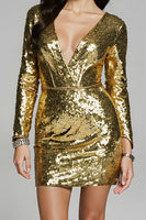 Load image into Gallery viewer, Sparkly Golden V-Neck Sequin Short Prom Dress with Sleeves