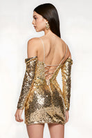 Load image into Gallery viewer, Sparkly Golden Cold Shoulder Sequin Short Prom Dress with Sleeves