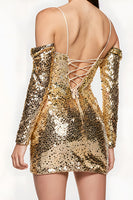 Load image into Gallery viewer, Sparkly Golden Cold Shoulder Sequin Short Prom Dress with Sleeves