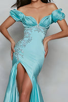 Load image into Gallery viewer, Mermaid Blue Satin Off the Shoulder Long Prom Dress with Slit
