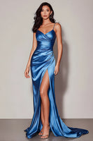 Load image into Gallery viewer, Satin Dark Blue Ruched Spaghetti Straps Long Prom Dress with Slit