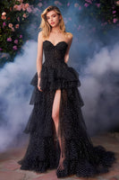 Load image into Gallery viewer, Black and White Dot A Line Tiered Sweetheart Long Prom Dress with Slit