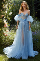 Load image into Gallery viewer, Floral Light Blue Off the Shoulder A Line Maxi Prom Dress