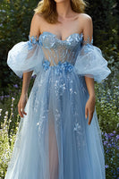 Load image into Gallery viewer, Floral Light Blue Off the Shoulder A Line Maxi Prom Dress