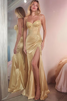 Load image into Gallery viewer, Golden Mermaid Spaghetti Straps Maxi Prom Dress with Slit