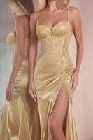 Load image into Gallery viewer, Golden Mermaid Spaghetti Straps Maxi Prom Dress with Slit
