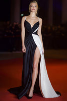 Load image into Gallery viewer, Patchwork Spaghetti Straps Long Black and White Dress with Slit
