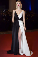 Load image into Gallery viewer, Patchwork A Line Deep V-Neck Long Black and White Dress with Slit